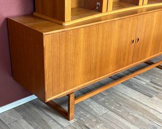 Danish Teak Midcentury Modern 2-Piece China Cabinet Hutch Sideboard Display 	Together: 70.25x78.75x18.25in Lower Cabinet: 31x78.75x18in Upper Cabinet: 39.5x62x15in 		110055
