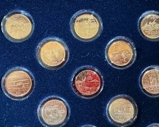 50 coin Morgan Mint 24kt Gold Layered Edition Statehood Quarters State Quarter Collection Set COMPLETE 	Case: 2.5x17x12in		107003
