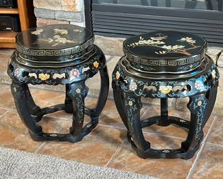 2pc Asian Chinese Black Laquered Pedestal Drum Stools PAIR Tables Plant Stand	18in H x 13.5in Diameter at top 		107034
