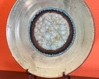Artist Made Fused Glazed Pottery & Crackle Glass Decor Platter Stoneware Studio Pottery Db	3x20.5in Diameter 		104032
