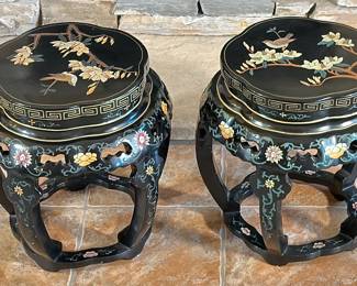2pc Asian Chinese Black Laquered Pedestal Drum Stools PAIR Tables Plant Stand	18in H x 13.5in Diameter at top 		107034
