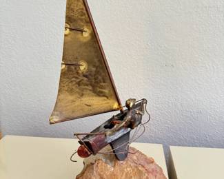 C. Curtis Jere Man In a Sail Boat Bronze Sculpture Metal & Stone Midcentury Modern Sailboat Boat SIGNED	12.5x7.5x7in		130011
