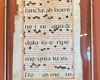 Antique 2-Sided Framed Gregorian Chant Hand Painted Vellum Antiphonal 	Frame: 328.25x29x 1.75 Page: 32x22in		104027
