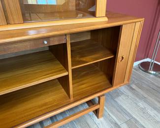Danish Teak Midcentury Modern 2-Piece China Cabinet Hutch Sideboard Display 	Together: 70.25x78.75x18.25in Lower Cabinet: 31x78.75x18in Upper Cabinet: 39.5x62x15in 		110055

