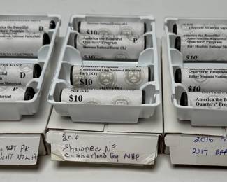 12 Rolls Uncirculated 2016-2017 American the Beautiful Quarters Shawnee Cumberland Gap Harpers Ferry Roosevelt Park Fort Sumter Effigy Mounds 	Box:1.25x4x6in		107070
