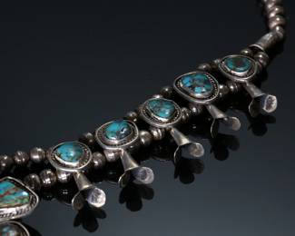 Vintage Navajo Silver & Turquoise Squash Blossom Necklace Native American Jewelry 	24.5 in long Naja: 65x71mm	150.43 grams 	970109