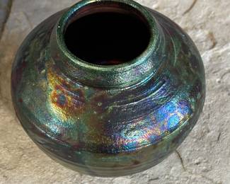 Iridescent Raku Studio Pottery Pot Signed Telford 	5in H x 2.5in Diamter at opening 		107040
