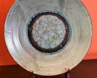 Artist Made Fused Glazed Pottery & Crackle Glass Decor Platter Stoneware Studio Pottery Db	3x20.5in Diameter 		104032
