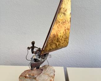C. Curtis Jere Man In a Sail Boat Bronze Sculpture Metal & Stone Midcentury Modern Sailboat Boat SIGNED	12.5x7.5x7in		130011
