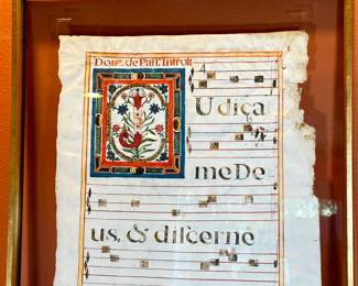 Antique 2-Sided Framed Gregorian Chant Hand Painted Vellum Antiphonal 	Frame: 328.25x29x 1.75 Page: 32x22in		104027
