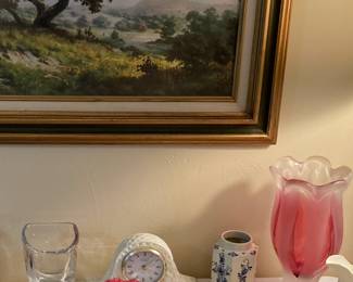 teacups and saucers, Fenton? cranberry coin dot ruffled bride's bowls, framed Windberg print