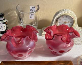 Fenton? cranberry coin dot ruffled bride's bowls 