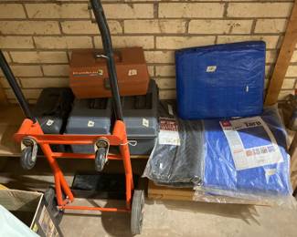 tool boxes, new tarps, hand truck/dolly