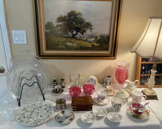 teacups and saucers, Fenton? cranberry coin dot ruffled bride's bowls, glass platters, crystal ashtrays, etc.
