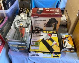 brand-new paint spray gun, nailer/stapler, plate joiner