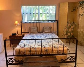 King iron head and footboards, queen mattress and box spring