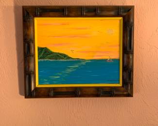 Vintage painting signed M. Howland, ocean & mountains