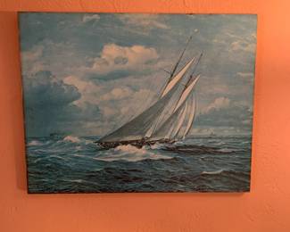 Johannes Holst, Vintage  1954 Offset print painting on canvas , "Sailboat in Wind"