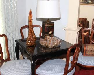 Black Lacquered game table with 4 newly upholstered chairs