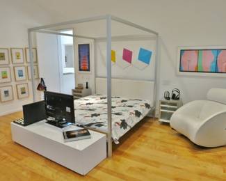 Modern King Size Four Poster Canopy Bed; Italian White Lacquered Low Cabinet; Flat Screen TV; White Leather Rocker (one of two) by Baleri Italia