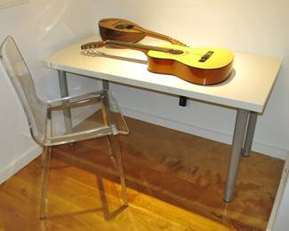 Acrylic Side Chair, White Side Table w/ a Guitar & Mandolin