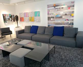 Sofa, Modular Coffee Table, Armchairs and Leather "Fat" Side Table all by B & B Italia.  All Art by Moshe Elimelech (except the "Bronze" on the pedestal)  Sofa is "Andy 13"