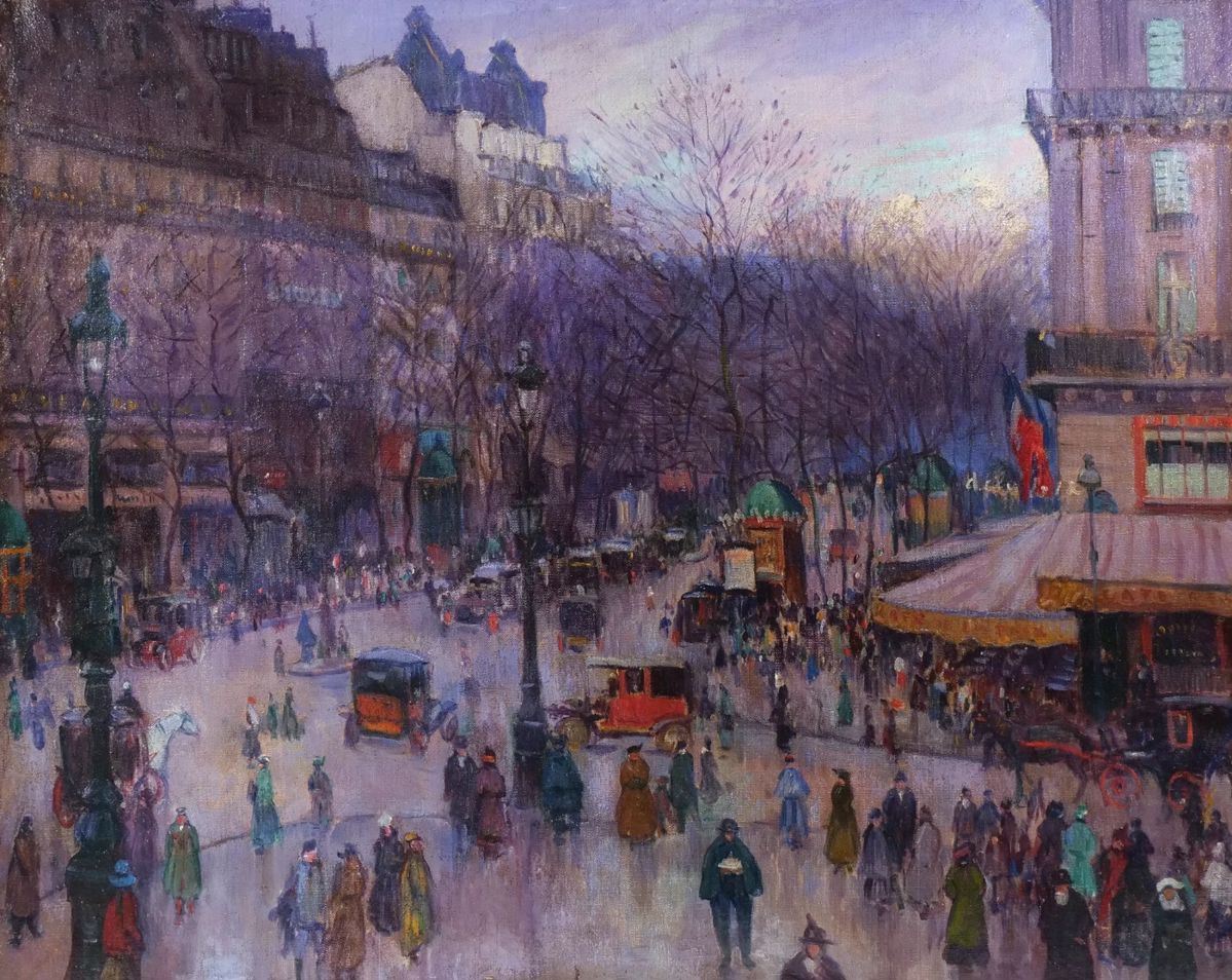ABEL GEORGE WARSHAWSKY (1883-1962) | Paris on Parade, 1922. Oil on canvas. h. 32 w. 39 in. Identified on old label, Artist Colorman on verso, no apparent signature. Overall: 37 x 44-1/2 in.
