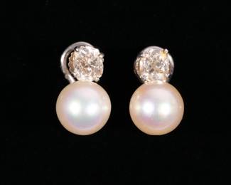PAIR 0.90CT OVAL MIXED CUT DIAMOND & PEARL EARRING | Set in white gold, no fineness mark; 6.2g