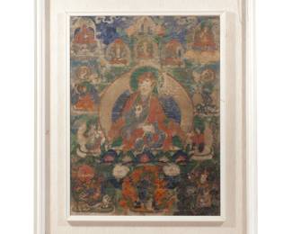 TIBETAN THANGKA OF PADMASAMBHAVA, 18TH CENTURY | Padmasambhava and attendants
Opaque pigments on fabric. h. 18-1/4 w. 13-3/4 in. (sight). Depicting a seated Padmasambhava surrounded by deities and bodhisattvas/attendants; double framed under glass