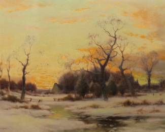 GUSTAVE WIEGAND (AMERICAN, 1870-1957) | Waning Winter. Oil on canvas. h. 14 w. 20 in. Signed lower left Gustave Wiegand, titled on plaque attached to frame, appears to retain original period frame. Overall: 24 x 30 in. (frame)