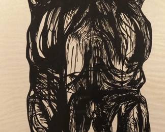 LEONARD BASKIN (AMERICAN, 1922-2000) | The Great Bird Man. Woodcut. h. 70 w. 36 in. (sight). Executed 1963. Overall: 76-1/2 x 46-1/2 in. (frame)