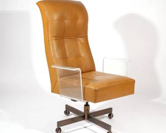 VLADIMIR KAGAN PLEXIGLASS OFFICE CHAIR | Plaque under seat reads: Hand Made in the Workshop of script signature, Vladimir Kagan Designs, NY
h. 47 w. 29 d. 34 in.