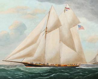 WILLIAM GAY YORKE (BRITISH/CANDIAN, 1817-1892) | Yacht Wanderer (Slave Ship)
Oil on canvas mounted on board. h. 18 w. 26 in. Was active/lived in New York, New Brunswick / England, Canada, signed lower left, titled on plaque attached to frame. Overall: 23 x 31-1/2 in. (frame)
