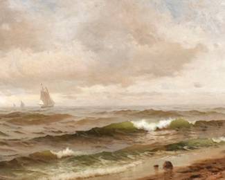 FRANK KNOX MORTON REHN (AMERICAN, 1848-1914) | Seascape off Point Pleasant. Oil on canvas
h. 22 w. 34 in. Signed lower left, in a period American gilt composition cove frame. Overall: 35 x 49 in. (frame)
