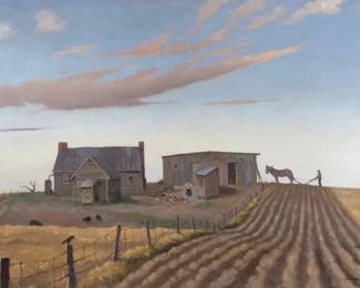 JULIUS DELBOS, NA (AMERICAN, 1879-1970) | Tennessee Silhouette. Oil on canvas. h. 28 w. 41 in. (sight). Signed lower right, depicting a farmstead on a hill, framed. Overall: 31-3/4 x 44-3/4 in. (frame)