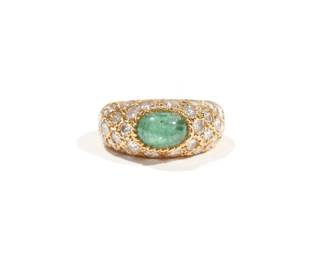 VAN CLEEF & ARPELS DIAMOND, EMERALD & 18K RING | With cabochon emerald (approx. 0.90ct) surrounded by melee diamonds (approx. 1.19 cttw) set in 18k yellow gold, marked VCA and numbered inside the band; size 1.5, 3.7g