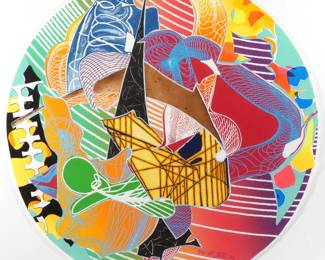 FRANK STELLA (AMERICAN, B. 1936) | Plutusia (from Imaginary Places II). Mixed media print in colors w. 25-3/4 in. (sheet). Signed, dated 1996, and numbered 8/38 lower right, on TGL handmade paper, with the blindstamp of the publisher Tyler Graphics, Ltd., Mount Kisco, New York, framed, with original receipt. Overall: 30-1/2 x 30 in. (frame)