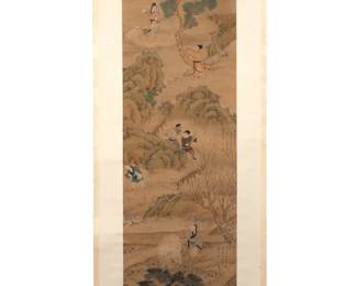 CHINESE SCROLL PAINTING, 18TH/19TH CENTURY | Filial Exemplars, also translated as the Twenty-four Paragons of Filial Piety (a classic text of Confucian filial piety written by Guo Jujing during the Yuan dynasty), depicting from top to bottom: Dong Yong after He Sold Himself for His Father’s Funeral (no. 8), Jiang Je as He Labored to Support His Mother (no. 14), and Tian Yu Shun in His Filial Piety Moves Heaven and Earth (no. 1, Elephant helping Yu Shun plow the field), signed Shao Chuan (?), with gourd-shaped seal. h. 32 w. 11-1/2 in. (subject). Overall: 70 x 21-1/2 in. (scroll)