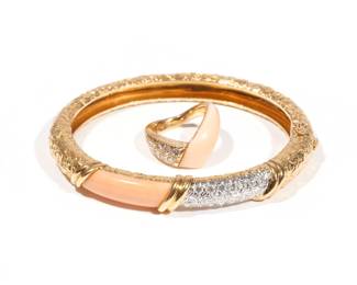 (2PC) VAN CLEEF & ARPELS DEMI-PARURE DIAMOND, 18K | Comprising a textured gold hard bracelet set with full cut melee diamonds & coral, signed "VCA (c) 75 750" on the clasp, with matching chevron-shape ring with coral and diamonds, signed "VCA (c) 77 France 18k", size 4; 42.4g