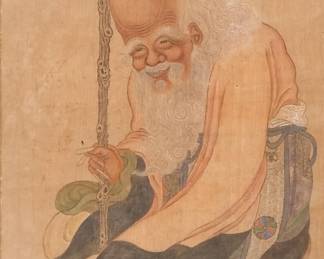 ATTRIBUTED TO QIU YING (CHINESE, C. 1494-1552) | Shou Lou with staff. Ink on silk. h. 40 w. 16 in.
Inscribed "shi fu Qiu Ying zhi', (made by real father Qiu Ying), with a gourd-shaped seal reading "shi zhou" (ten states). 