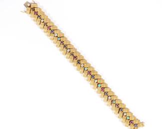 14K FRENCH GOLD & GEMSTONE BRACELET | With chevron link design, inset with various precious stones, with indistinct hallmarks, tests to 14k; 101.9g