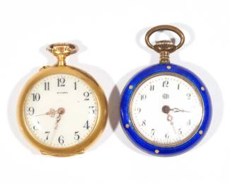 (2PC) LADY'S POCKET WATCHES | Including one in gold with garnets and melee diamonds, the other sterling silver with blue enamel; together 38.2g