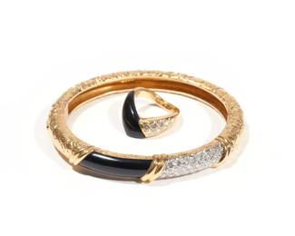 (2PC) VAN CLEEF & ARPELS 18K & ONYX DEMI- PARURE | Comprising a hard bracelet with 21 full cut melee diamonds and black onyx set in textured 18k yellow gold (38.6g); with a matching chevron-shape ring with nine diamonds and onyx (size 4, 5.0g.); both signed VCA , numbered, and with French assay marks; together 43.6g