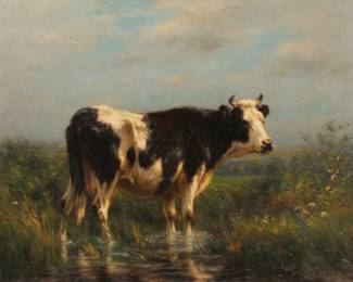 CARLTON WIGGINS (AMERICAN, 1848-1932) | Cow in pasture. Oil on canvas. h. 18-1/2 w. 22 in. (sight)
Signed lower left. Overall: 26-1/4 x 22-3/4 in. (frame)