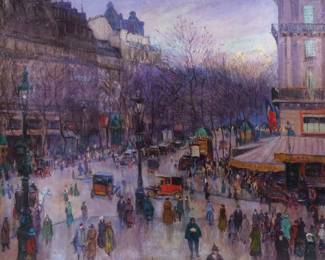 ABEL GEORGE WARSHAWSKY (1883-1962) | Paris on Parade, 1922. Oil on canvas. h. 32 w. 39 in. Identified on old label, Artist Colorman on verso, no apparent signature. Overall: 37 x 44-1/2 in.