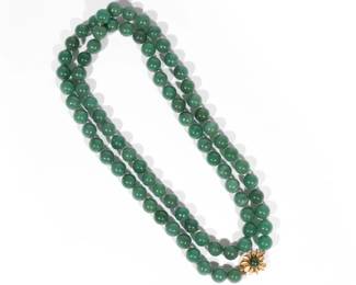 JADE BEADED NECKLACE | Hand-knotted beads with 14k yellow gold floral-shaped clasp, with beads approx. 6-7mm diameter. w. 33 in.