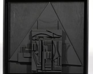 LOUISE NEVELSON (AMERICAN/RUSSIAN, 1899-1988) | Black Cubist Wood Assemblage. Black painted wood. h. 15-1/4 w. 15-3/4 d. 2-1/4 in. 1980, ed. of 101; justification label on verso