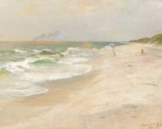 BAYARD HENRY TYLER (AMERICAN, 1855-1931) | Eastern -----, LI. Beach Scene. Oil on canvas
h. 18 w. 24 in. Signed and dated 1907 lower right, titled: Eastern ---, L.I. on stretcher. Overall: 22 x 28-1/2 in. (frame)