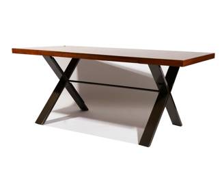 BOLIER & CO. BY DECCA WRITING DESK | Contemporary writing desk by Bolier & Company by Decca: X Table in walnut veneer with X Desk Pad
h. 30 w. 72 d. 36 in.