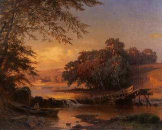 PAUL GOTTLIEB WEBER (AMERICAN, 1823-1916) | Landscape with boater. Oil on canvas. h. 20 w. 30 in. Signed and dated 1864 lower left. Condition. Old relining retains original stretcher. 